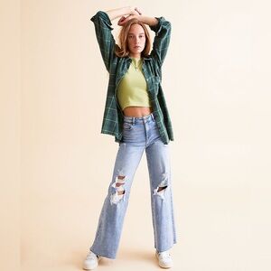 Gilded Intent Washed Plaid Flannel Shirt | Button-Down Raw Edge High-Low Hem | L